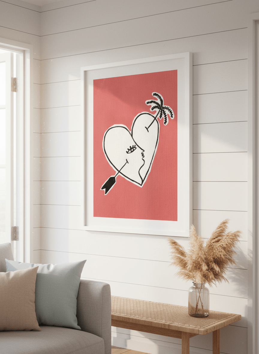 Neutral wall art displayed in a sunny coastal beach house