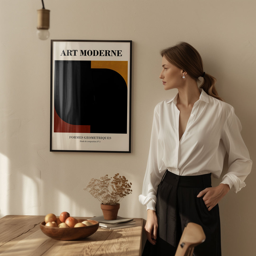 art moderne kitchen lady in front of print wall art abstract