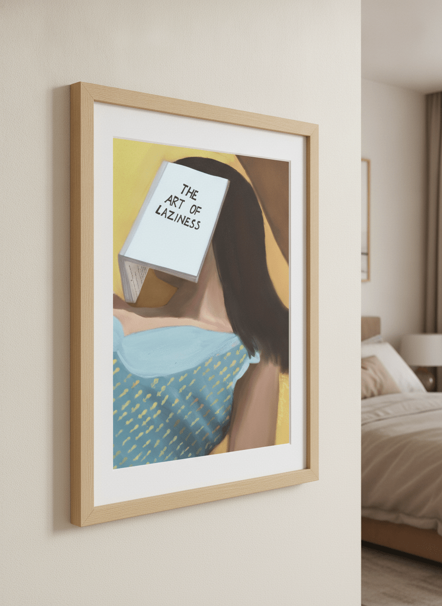 Minimalist artwork displayed in a calm, light-filled bedroom interior
