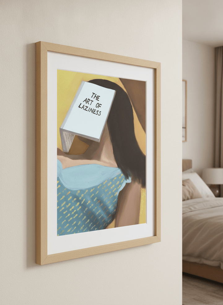 Minimalist artwork displayed in a calm, light-filled bedroom interior