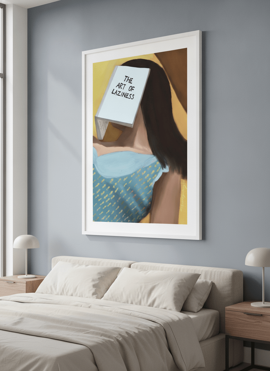 Minimalist artwork displayed in a calm, light-filled bedroom interior