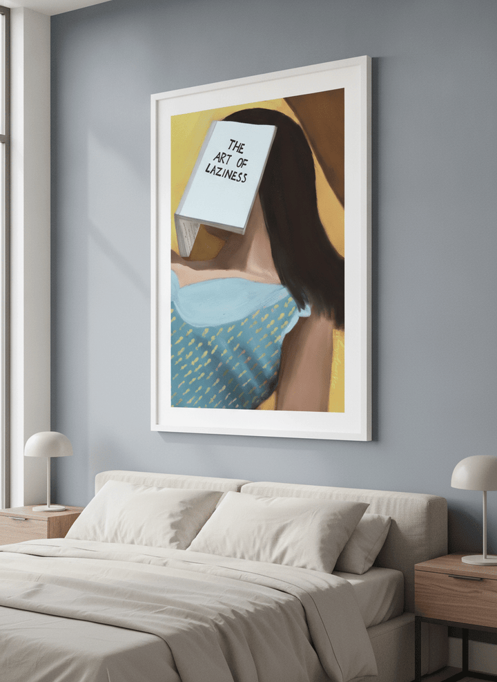 Minimalist artwork displayed in a calm, light-filled bedroom interior
