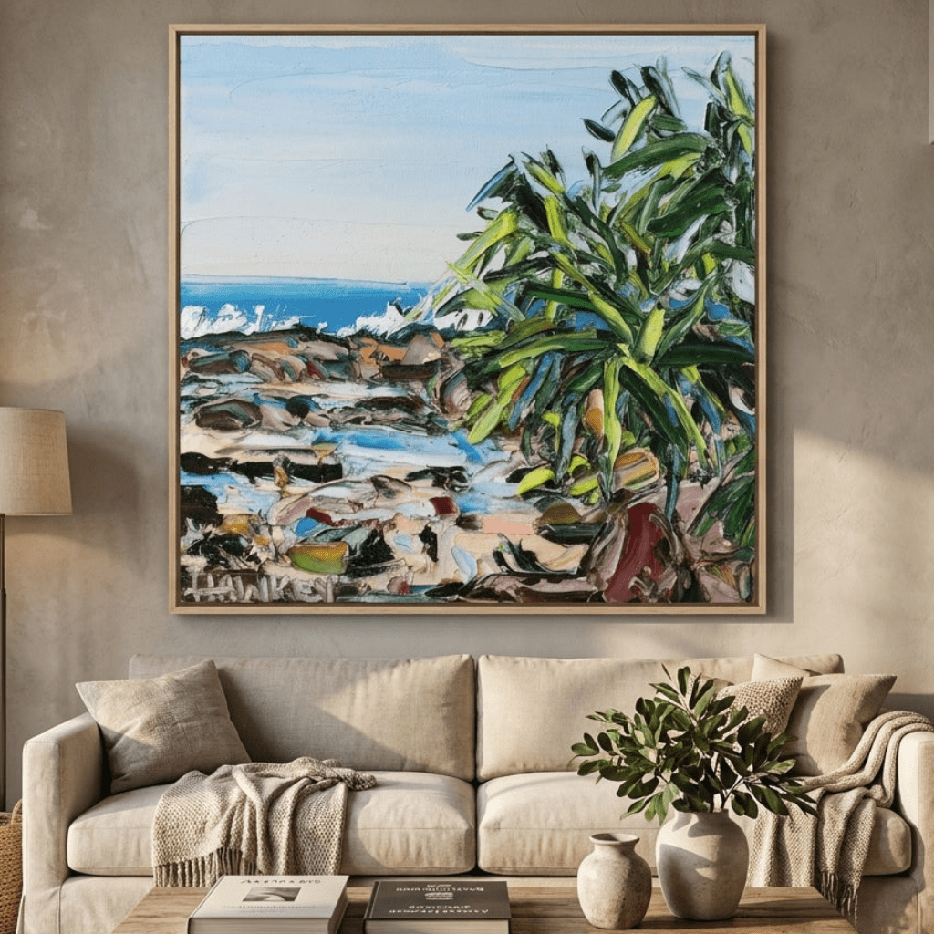 Oversized statement canvas wall art with a natural timber surround styled in a neutral living room