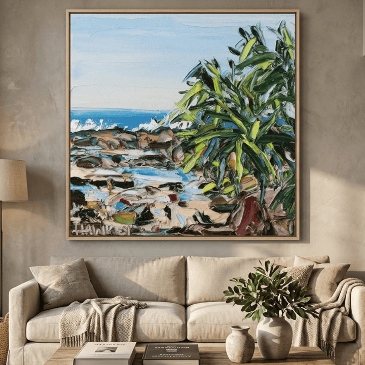 Oversized statement canvas wall art with a natural timber surround styled in a neutral living room