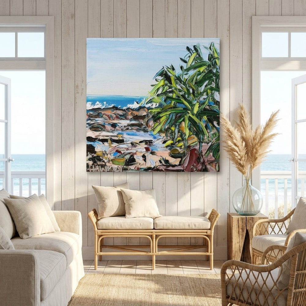 Stretched canvas wall art styled in a sunny coastal beach house