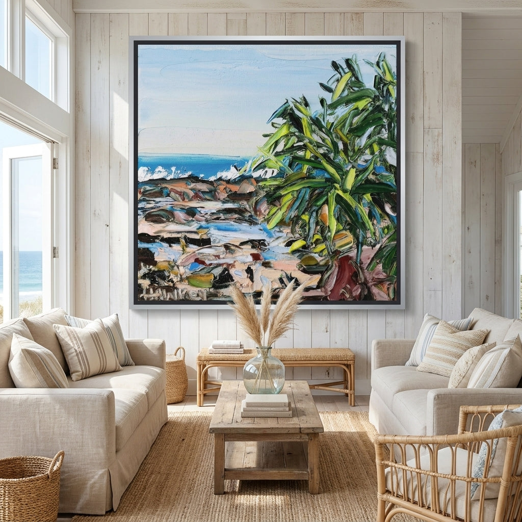 Oversized statement canvas wall art with a silver leaf surround styled in a sunny coastal beach house