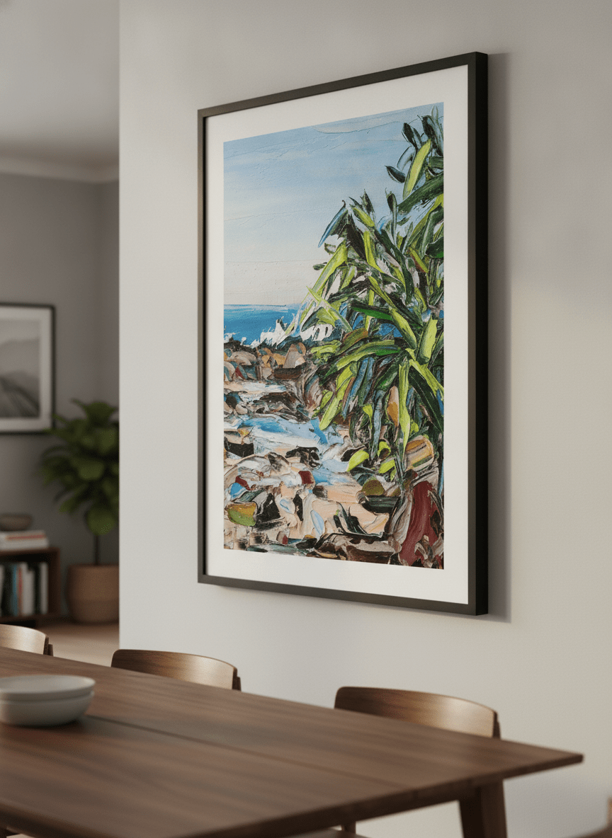 Wall art styled above a dining table in a contemporary home