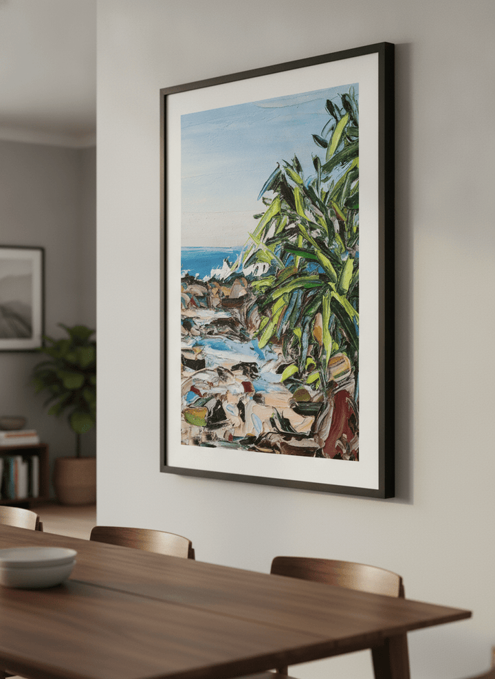 Wall art styled above a dining table in a contemporary home