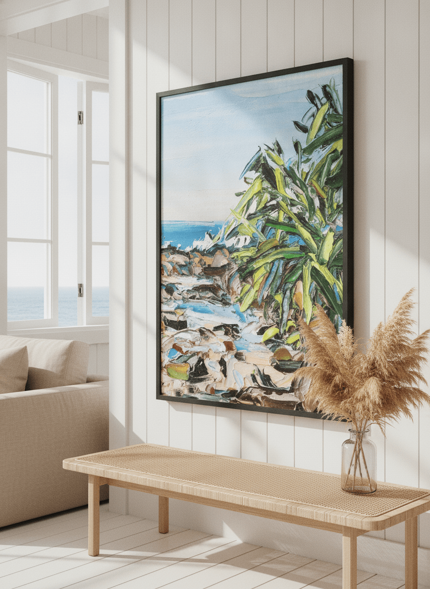 Neutral wall art displayed in a sunny coastal beach house