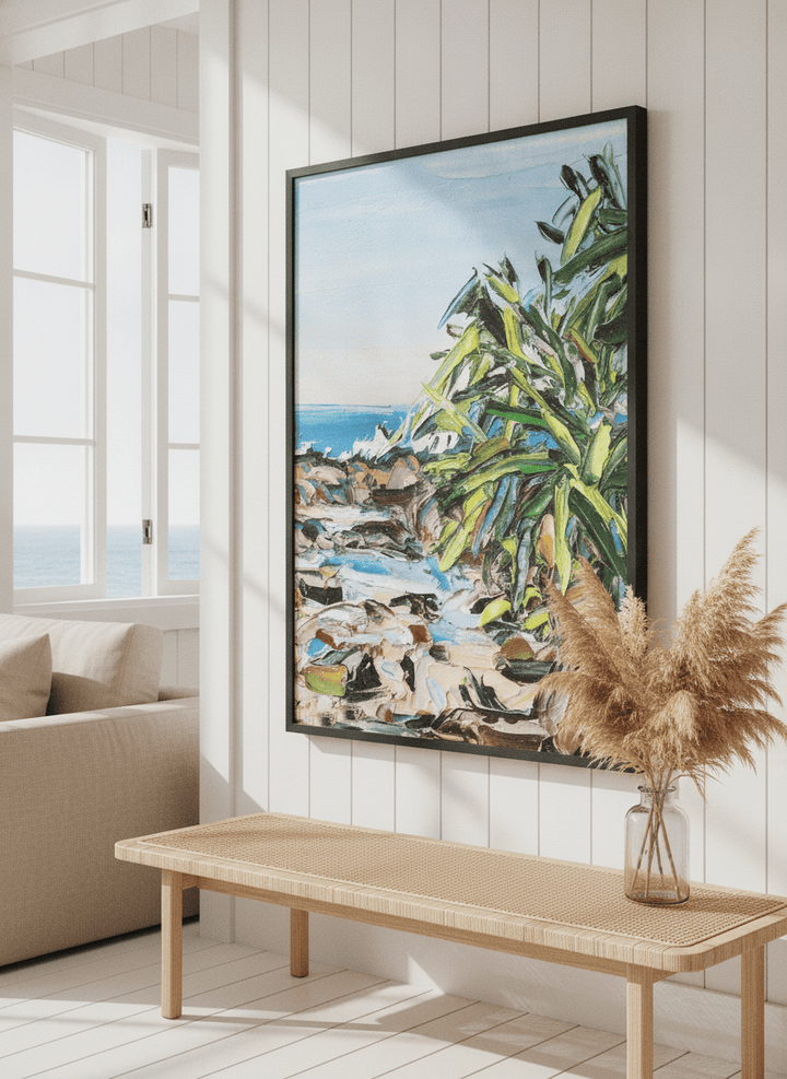 Neutral wall art displayed in a sunny coastal beach house