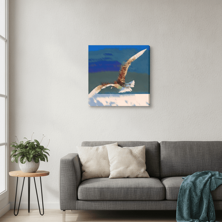 Stretched canvas wall art styled in a neutral living room