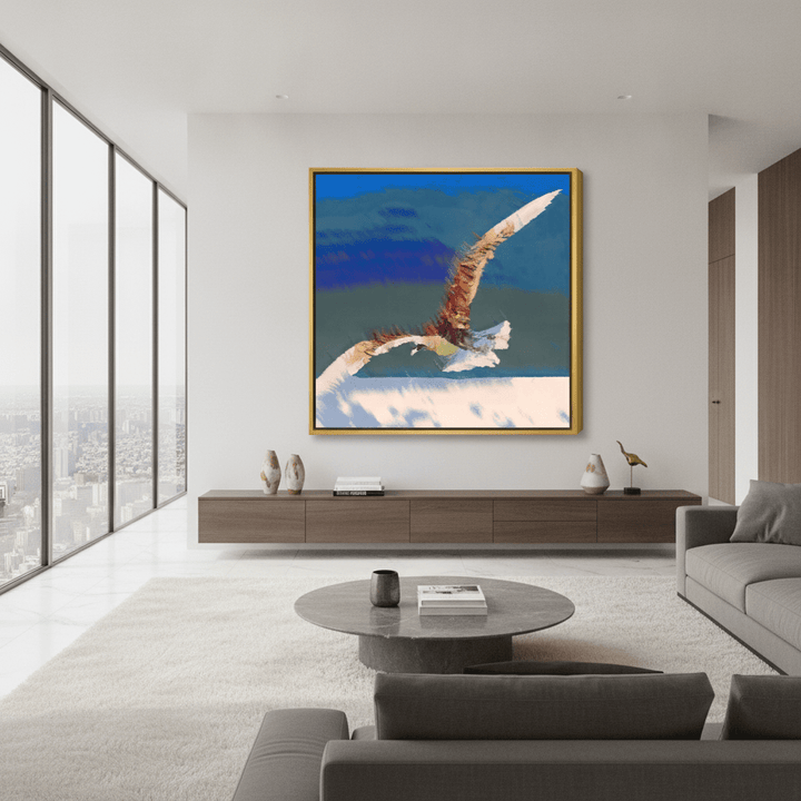Oversized statement canvas wall art with a gold leaf surround styled in a luxe interior