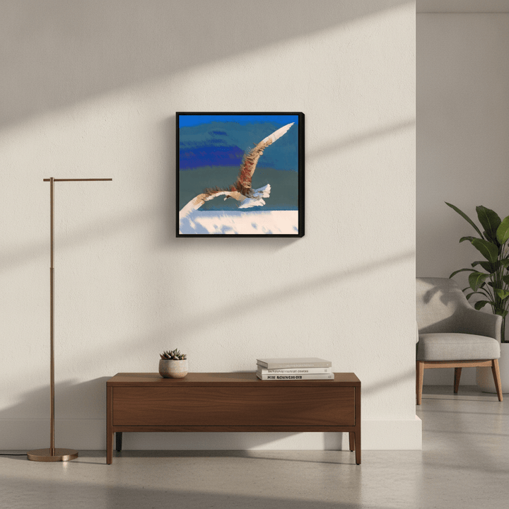 Canvas wall art with a black surround styled in a bright modern office
