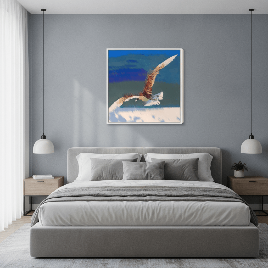 Canvas wall art with a white surround styled in a calm, light-filled bedroom