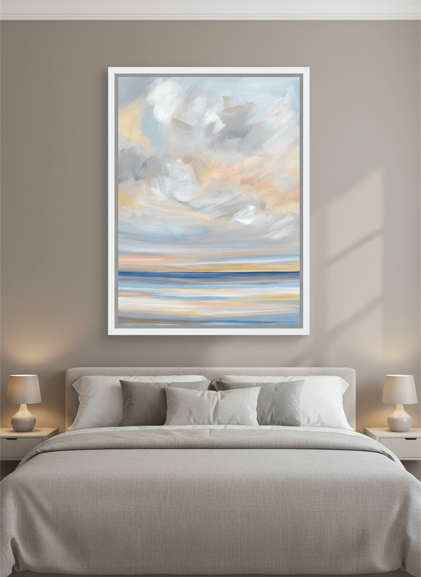 Minimalist artwork displayed in a calm, light-filled bedroom interior