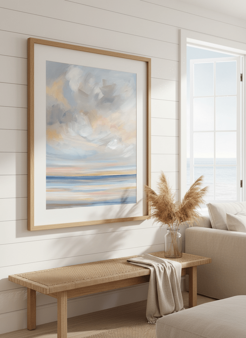 Neutral wall art displayed in a sunny coastal beach house