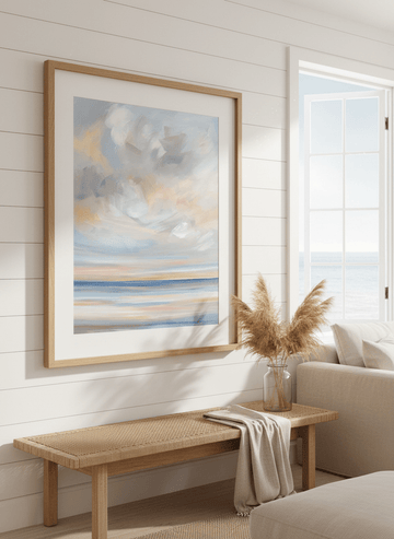 Neutral wall art displayed in a sunny coastal beach house