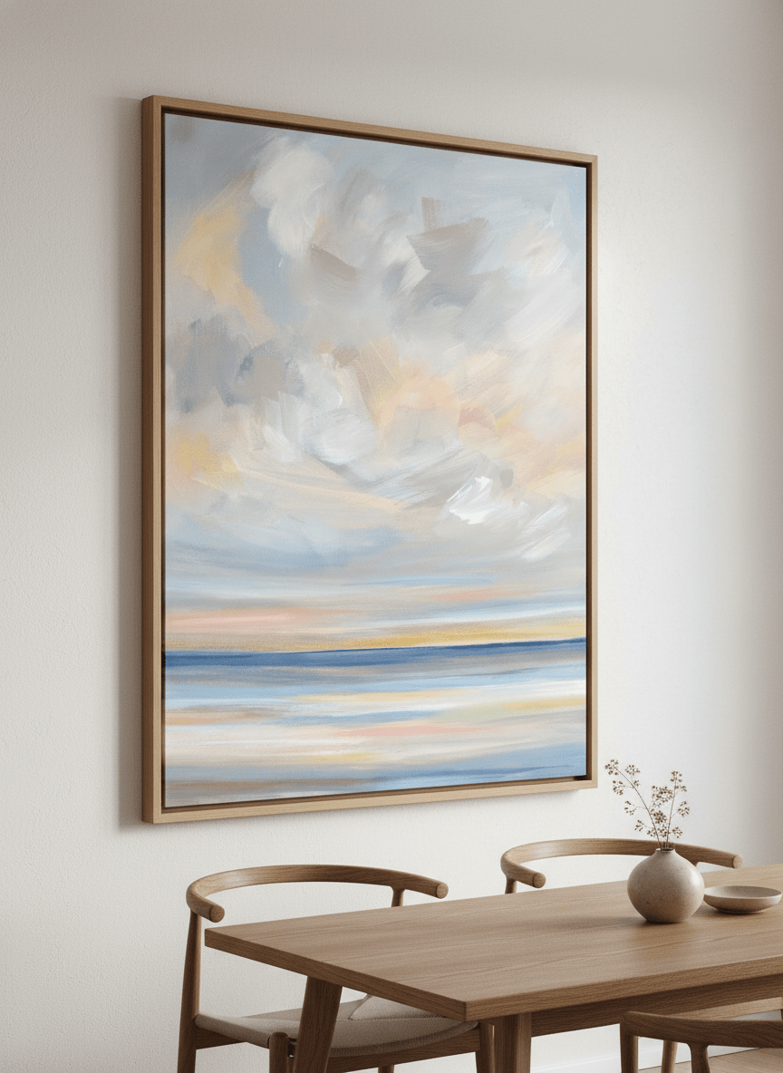 Wall art styled above a dining table in a contemporary home