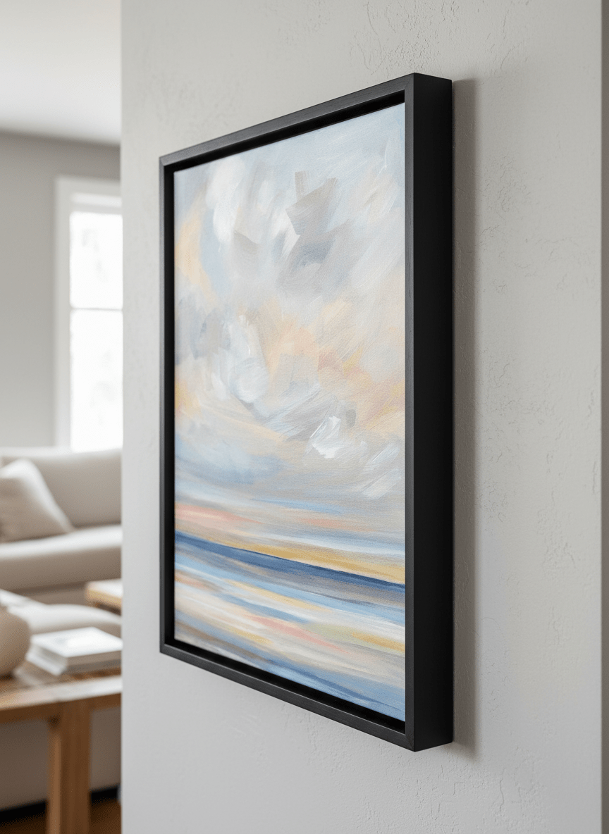 Modern wall art styled above a sofa in a neutral living room