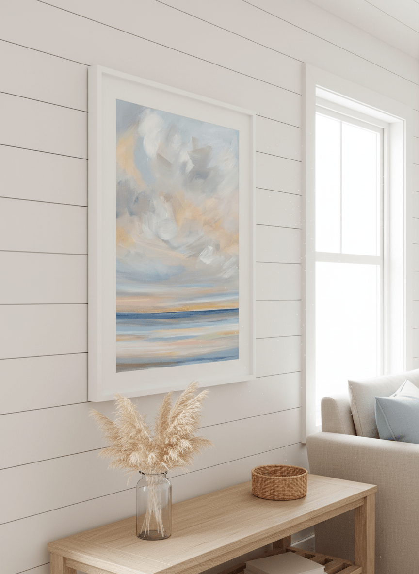 Neutral wall art displayed in a sunny coastal beach house