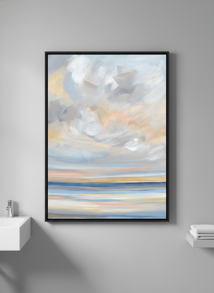 Modern print displayed in a clean minimalist bathroom setting