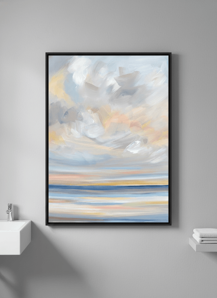 Modern print displayed in a clean minimalist bathroom setting