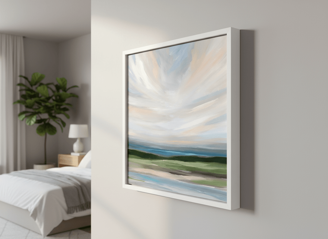 Minimalist artwork displayed in a calm, light-filled bedroom interior