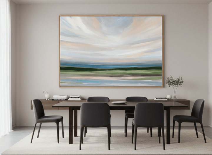 Monumental artwork centred on a feature wall in a luxe interior