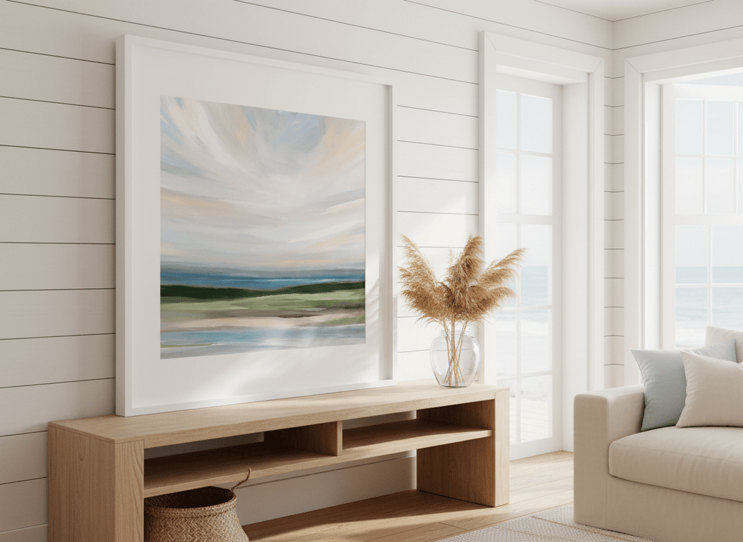 Neutral wall art displayed in a sunny coastal beach house