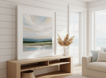 Neutral wall art displayed in a sunny coastal beach house