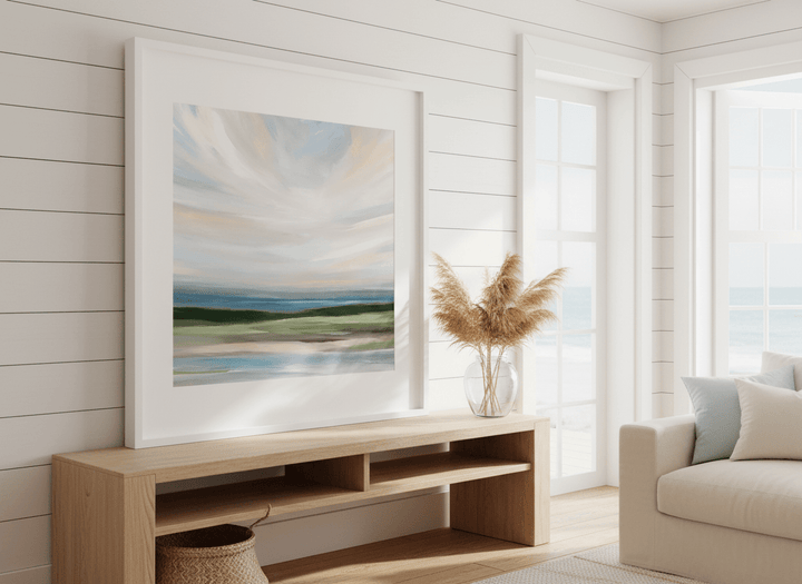 Neutral wall art displayed in a sunny coastal beach house