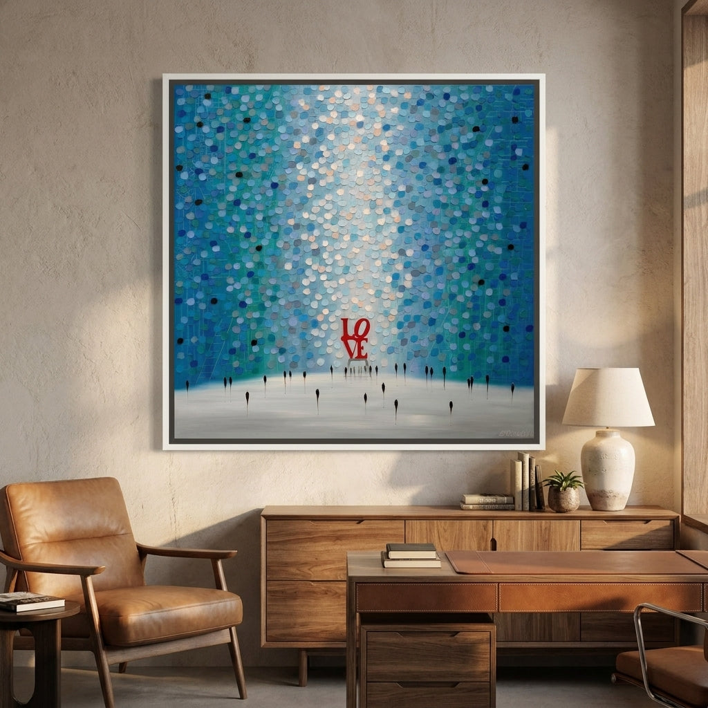 Canvas wall art with a white surround styled in a bright modern office