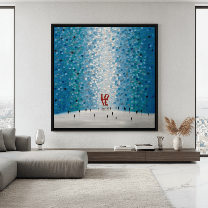 Oversized statement canvas wall art with a black surround styled in a luxe interior