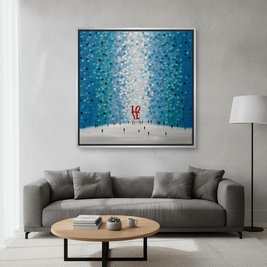 Canvas wall art with a silver leaf surround styled in a neutral living room