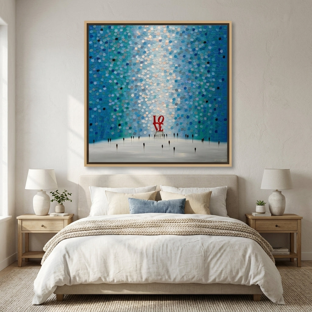Canvas wall art with a natural timber surround styled in a calm, light-filled bedroom