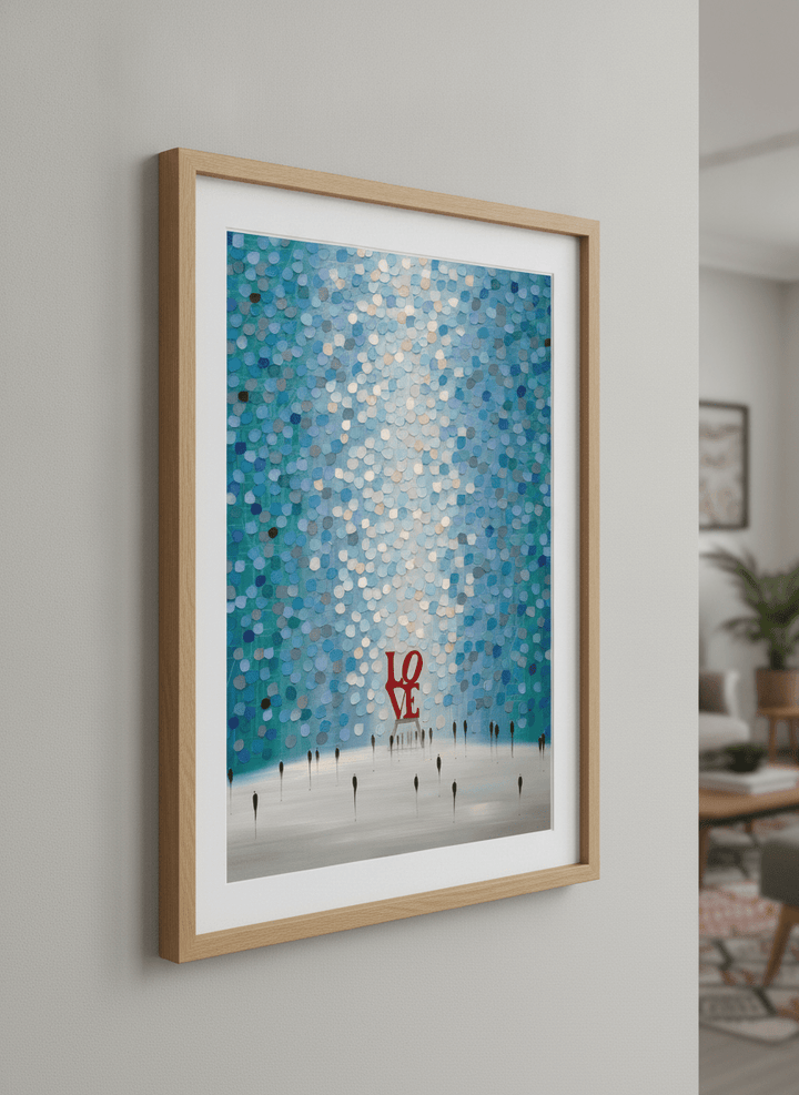 Modern wall art styled above a sofa in a neutral living room