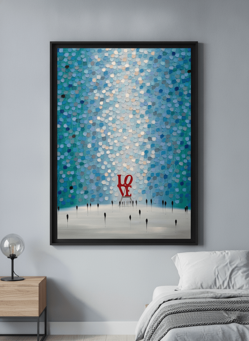 Minimalist artwork displayed in a calm, light-filled bedroom interior