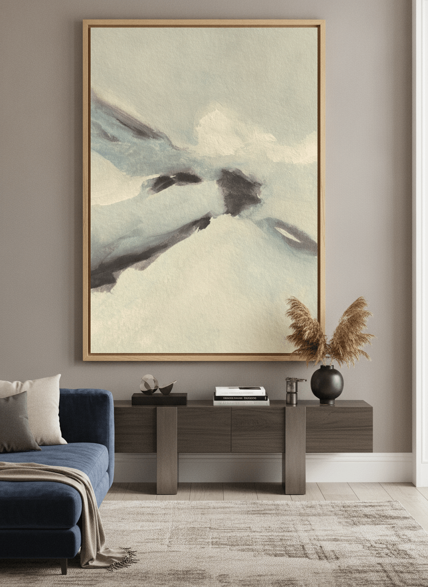 Monumental artwork centred on a feature wall in a luxe interior