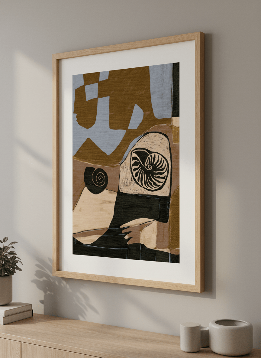 Modern wall art styled above a sofa in a neutral living room