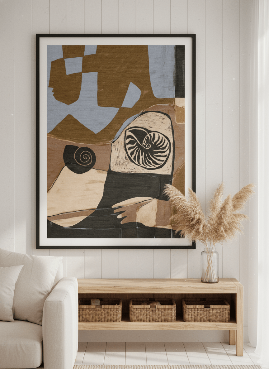 Neutral wall art displayed in a sunny coastal beach house