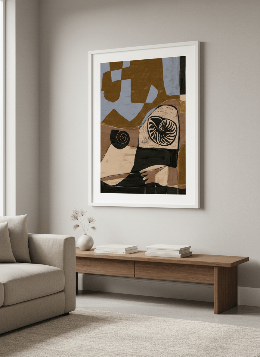 Modern wall art styled above a sofa in a neutral living room