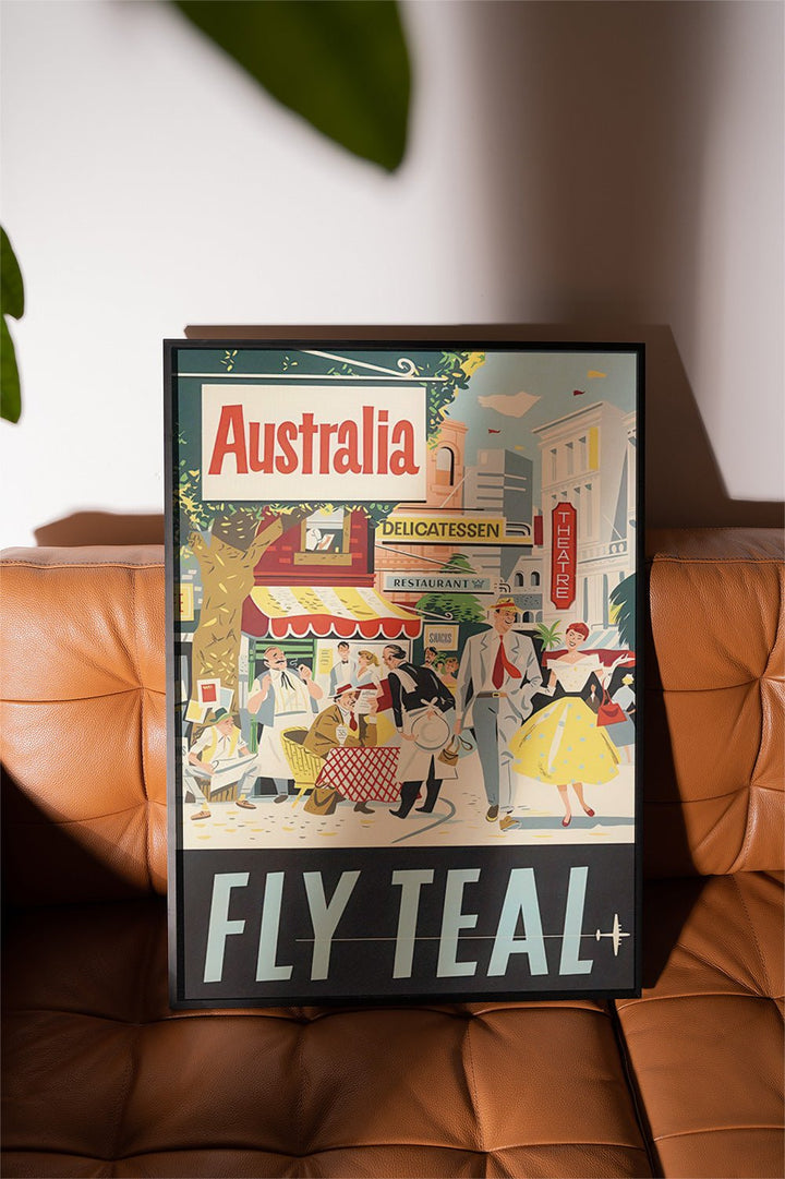 Australia Fly Teal Vintage Poster Wall Art wall - art - picture - poster