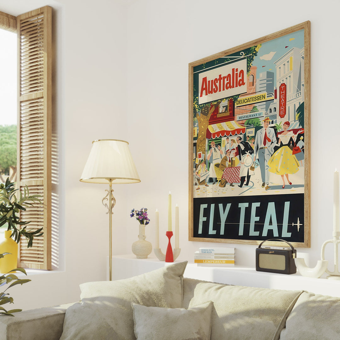 Australia Fly Teal Vintage Poster Wall Art wall - art - picture - poster