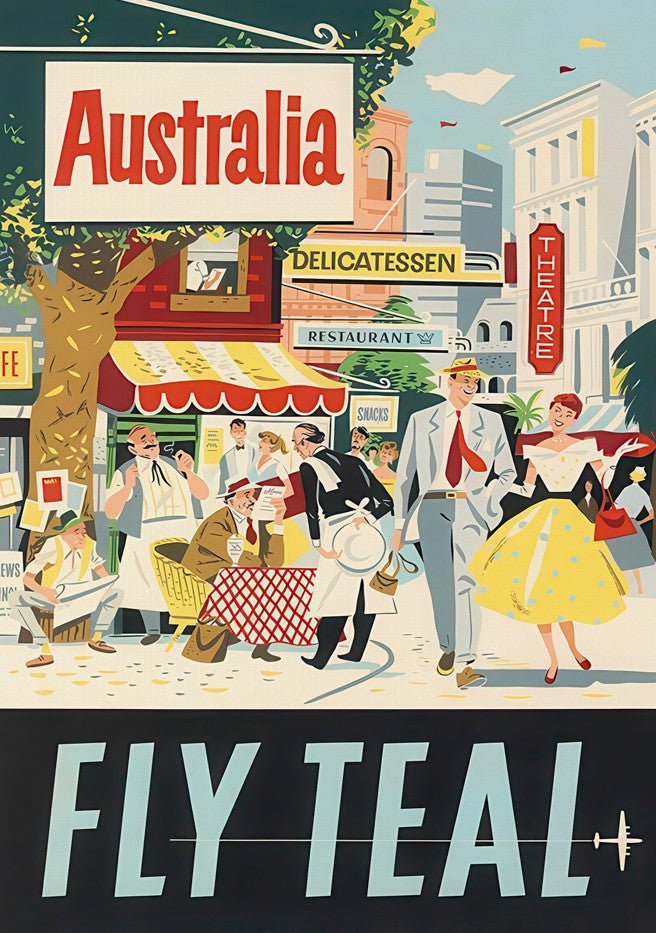 Australia Fly Teal Vintage Poster Wall Art