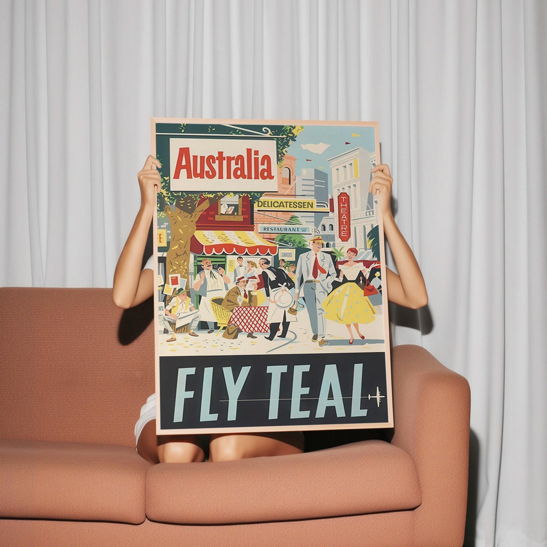 Australia Fly Teal Vintage Poster Wall Art wall - art - picture - poster