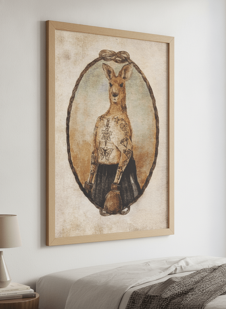 Minimalist artwork displayed in a calm, light-filled bedroom interior