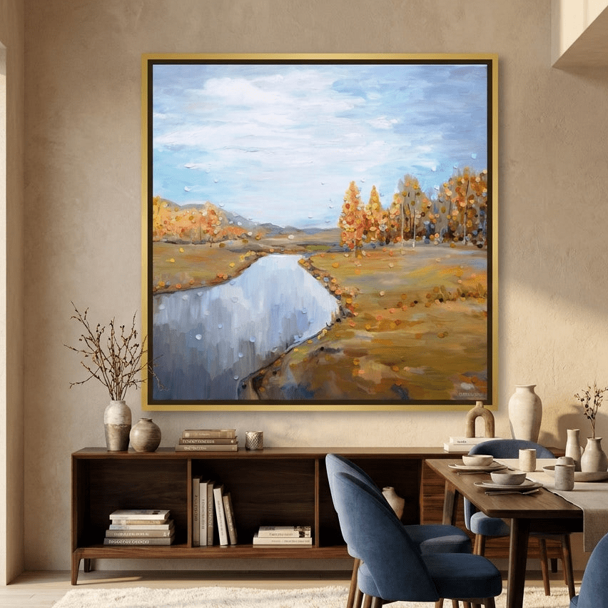 Oversized statement canvas wall art with a gold leaf surround styled in a luxe interior
