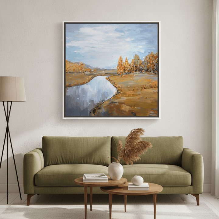 Canvas wall art with a white surround styled in a calm, light-filled bedroom