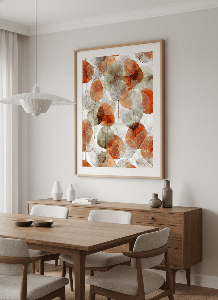 Wall art styled above a dining table in a contemporary home