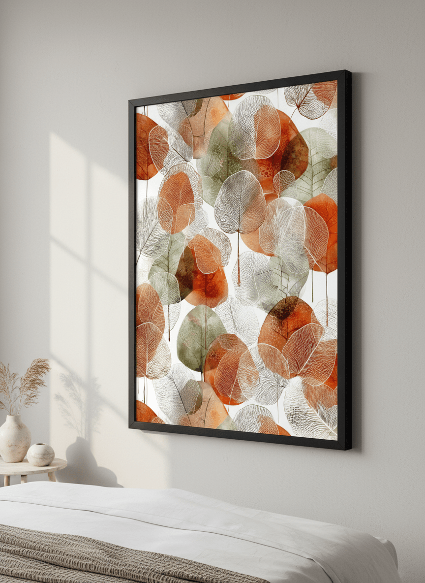 Minimalist artwork displayed in a calm, light-filled bedroom interior